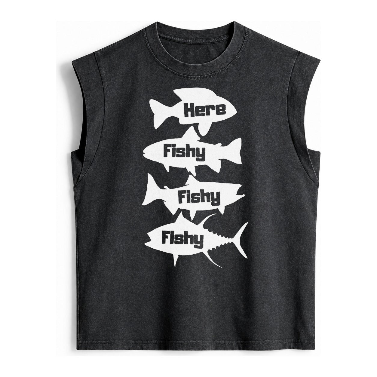 Here Fishy Fishy Fishy Vintage Washed Tank – black
