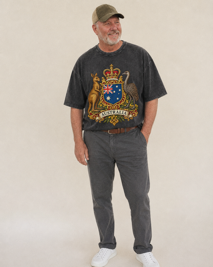 Heritage Coat Badge Vintage T-shirt – studio model photo