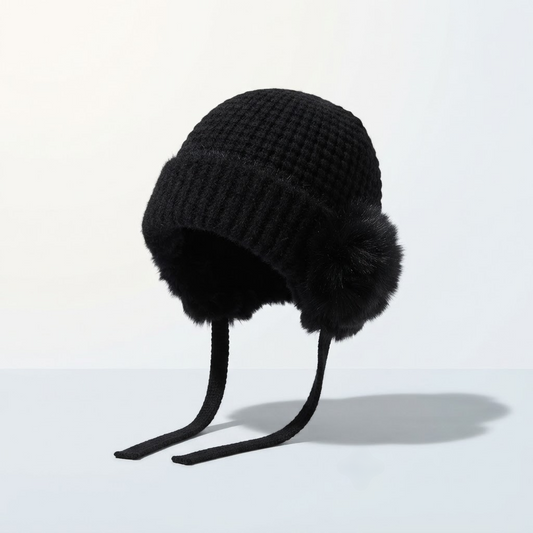 Fleece-Lined Earflap Knit Hat with Faux-Fur Trim — studio product photo