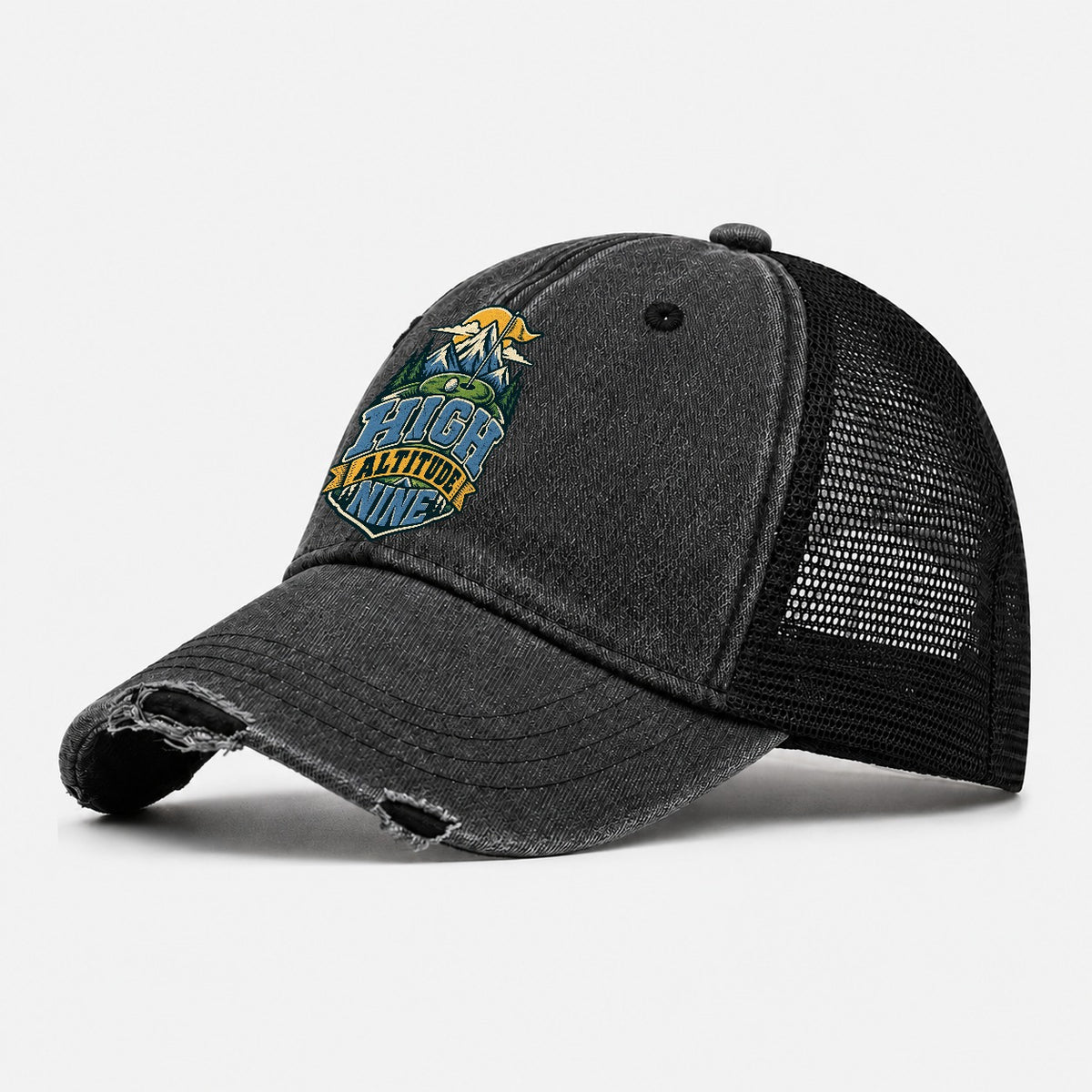 High Altitude Nine Golf Life Washed Trucker Hat – Black