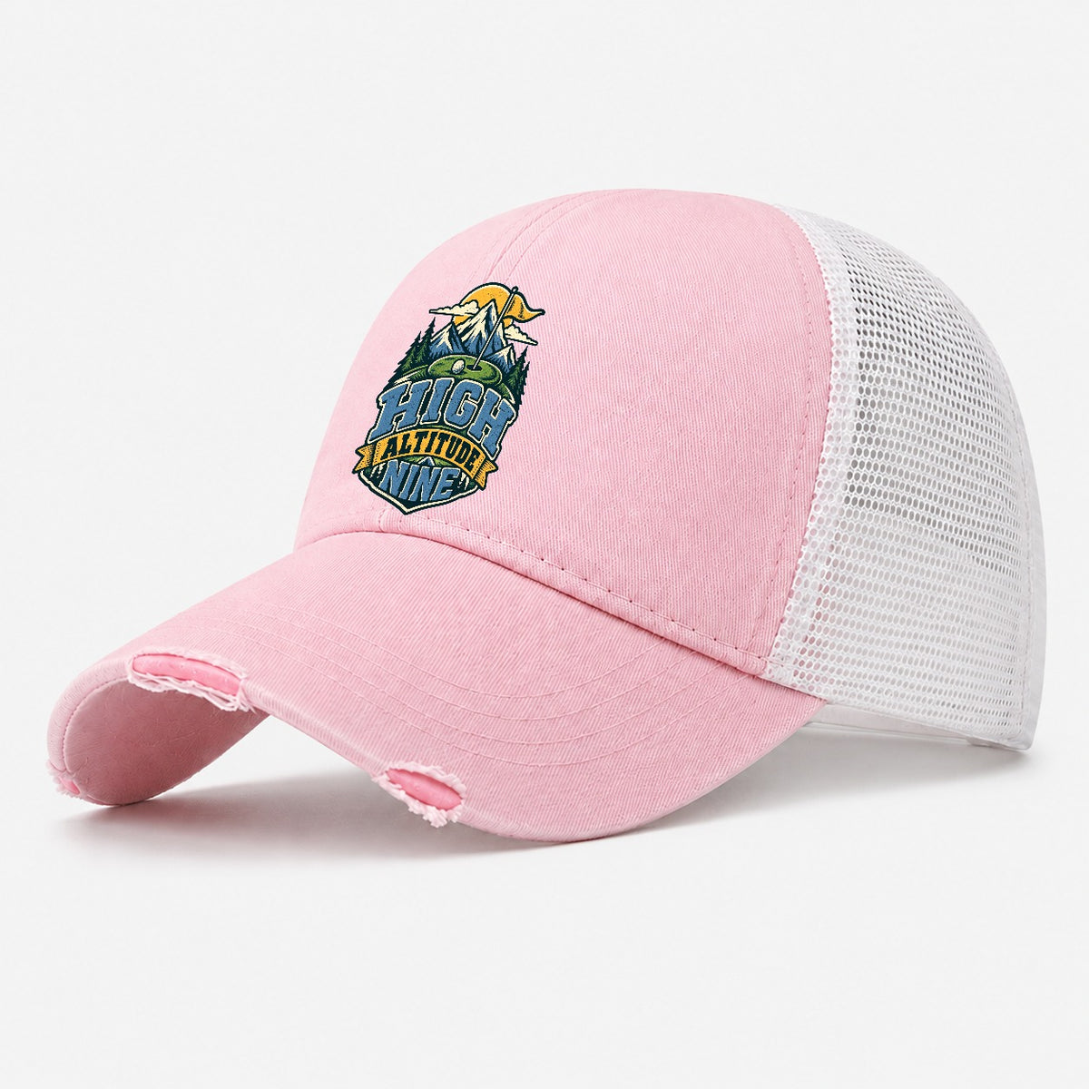 High Altitude Nine Golf Life Washed Trucker Hat – Light Pink
