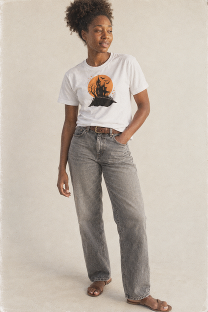 Hilltop Haunted House Full Moon Classic T-shirt – studio model photo