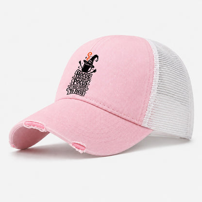 Hocus Pocus I Need Coffee To Focus Slogan Witch Magic Washed Trucker Hat – Light Pink