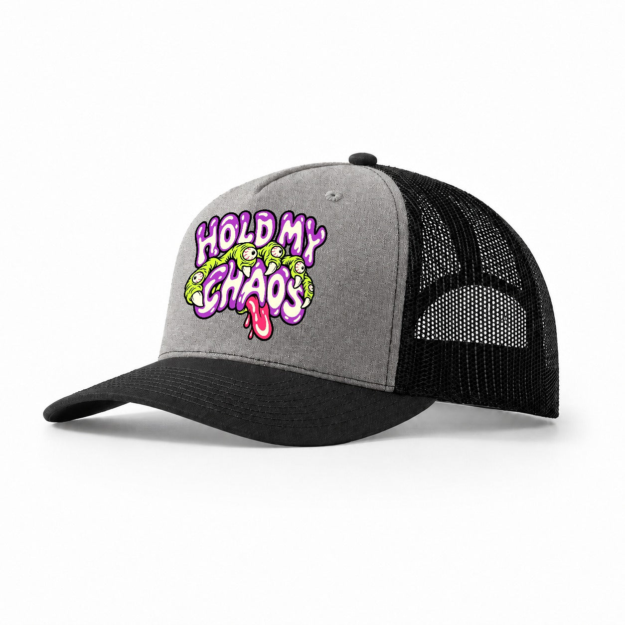 Hold My Chaos Crazy Styles Trucker Hat – Grey Black