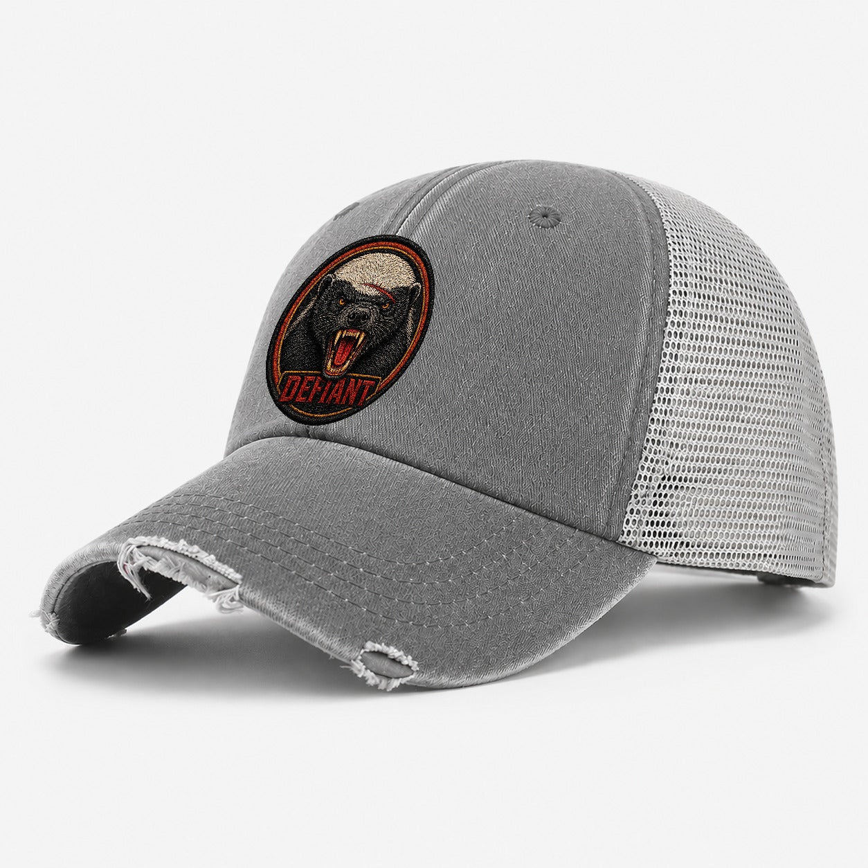 Honey Badger Defiant Badge Washed Trucker Hat – Grey