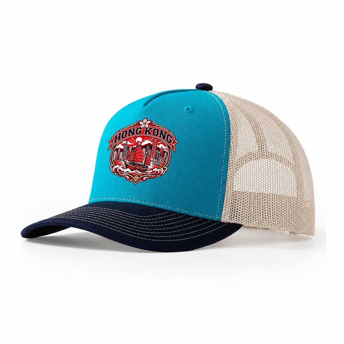 Hong Kong Retro Badge Country Logos Trucker Hat – Teal Navy
