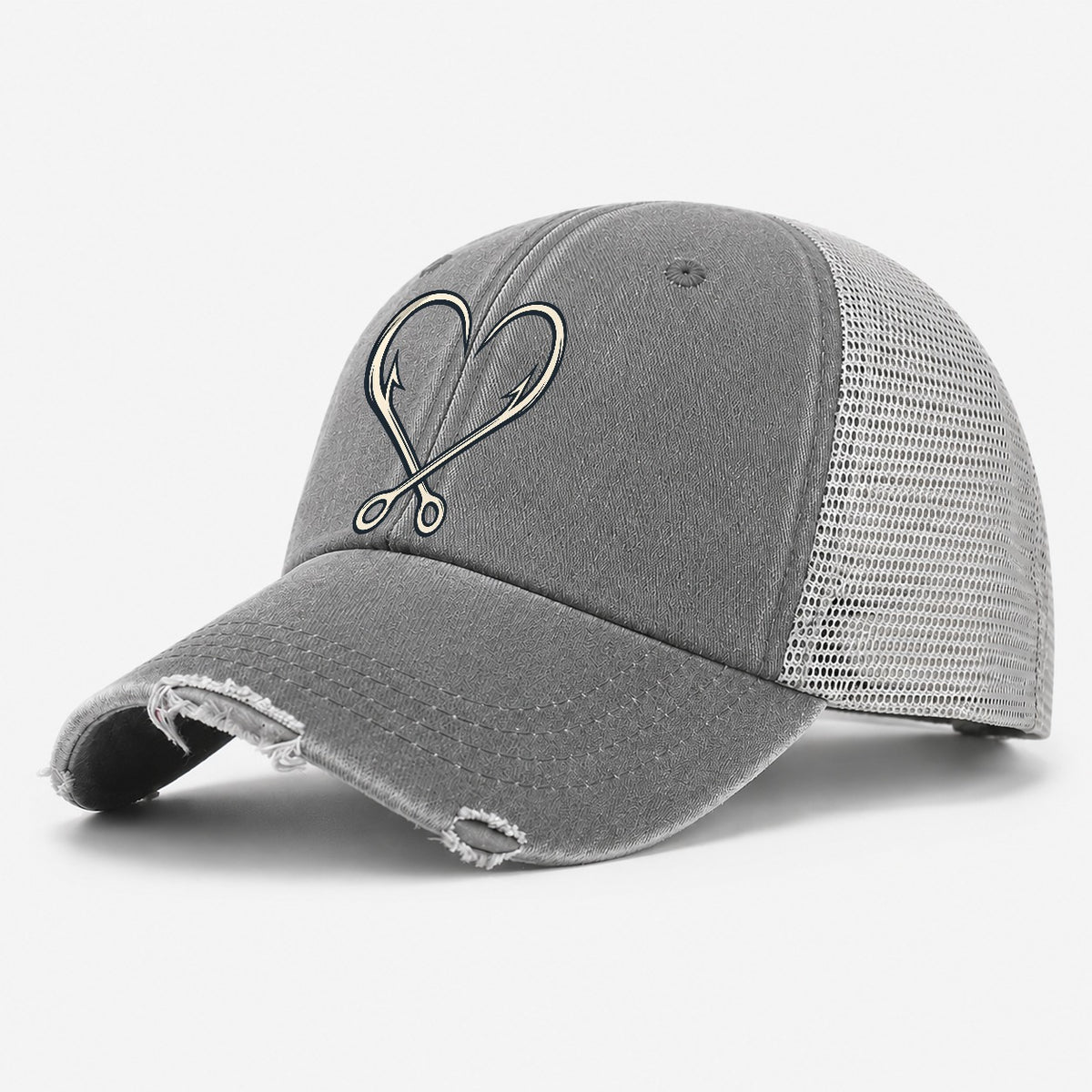 Hook Heart Fishing Elegant Washed Trucker Hat – Grey