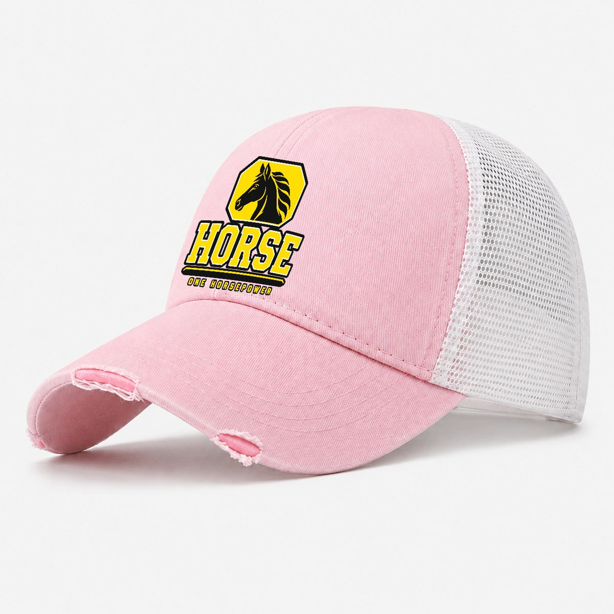 Horse One Horsepower Heavy Duty Washed Trucker Hat – Light Pink