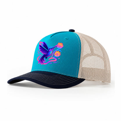 Hummingbird Delivering Miniature Love Letters Tucked Inside Trucker Hat – Teal-Navy