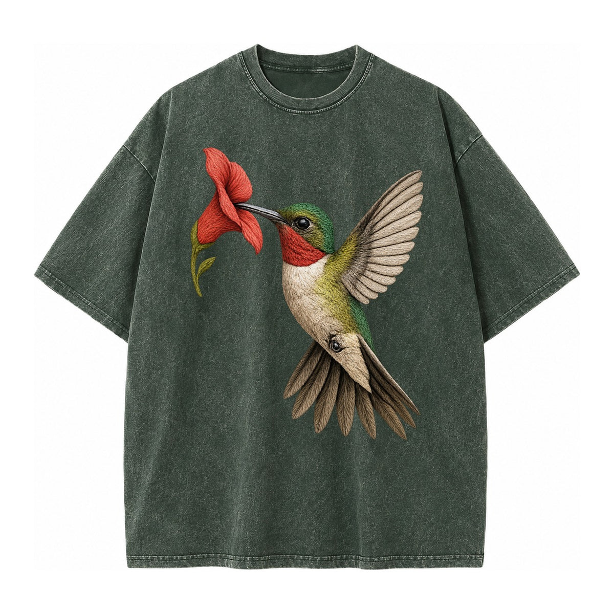 Hummingbird Harmony Vintage T-shirt – Forest Mist(Green)