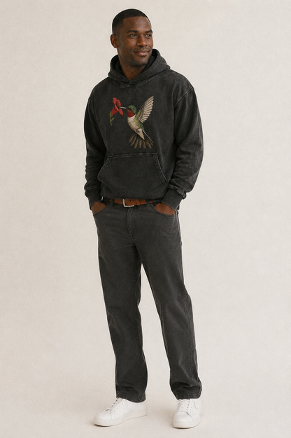 Hummingbird Harmony Vintage Washed Hoodie – studio model photo