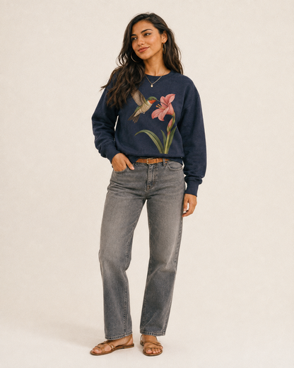 Hummingbird Haven Fleece Sweatshirt – studio model photo
