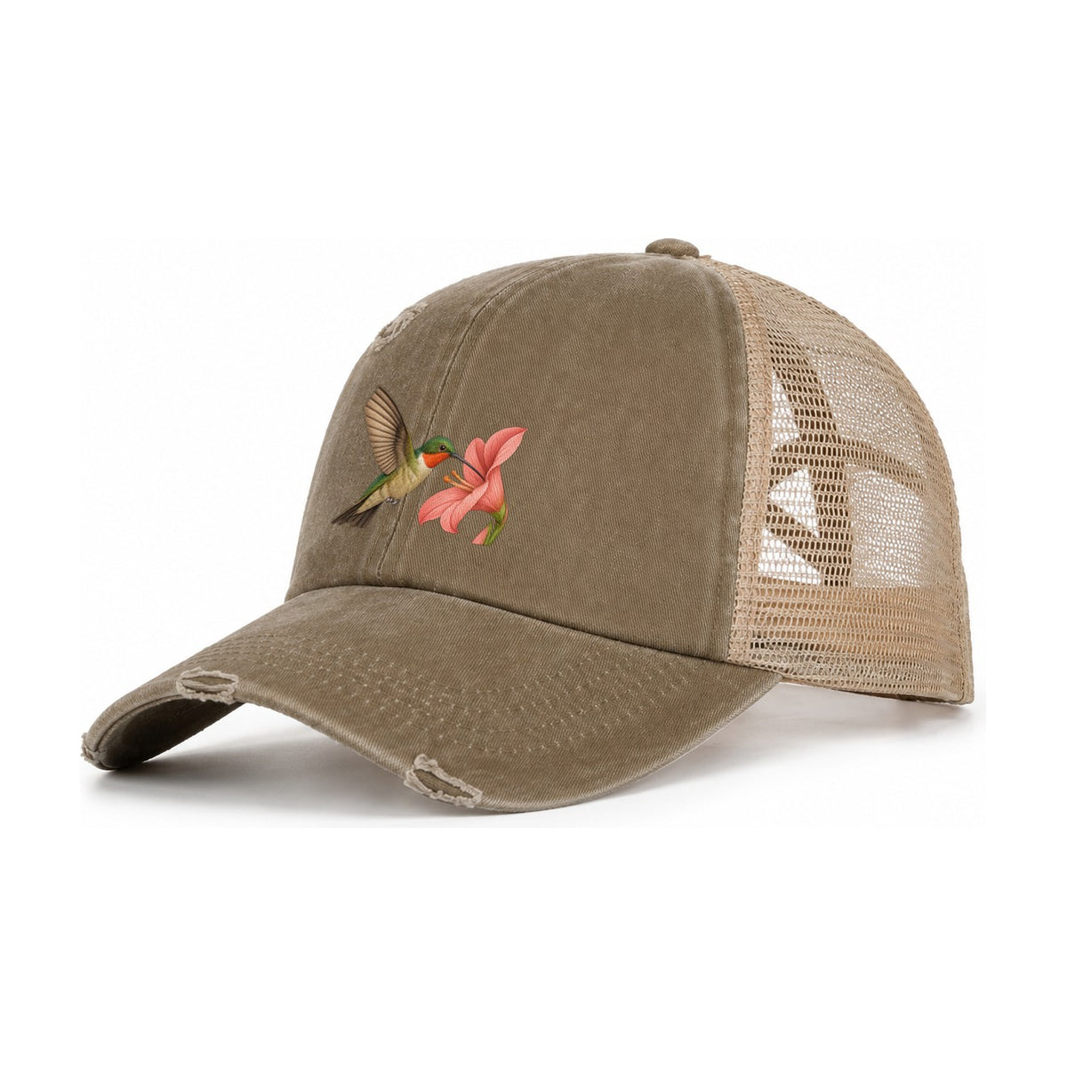 Hummingbird Haven Women's Ponytail Trucker Hat – Taupe Khaki