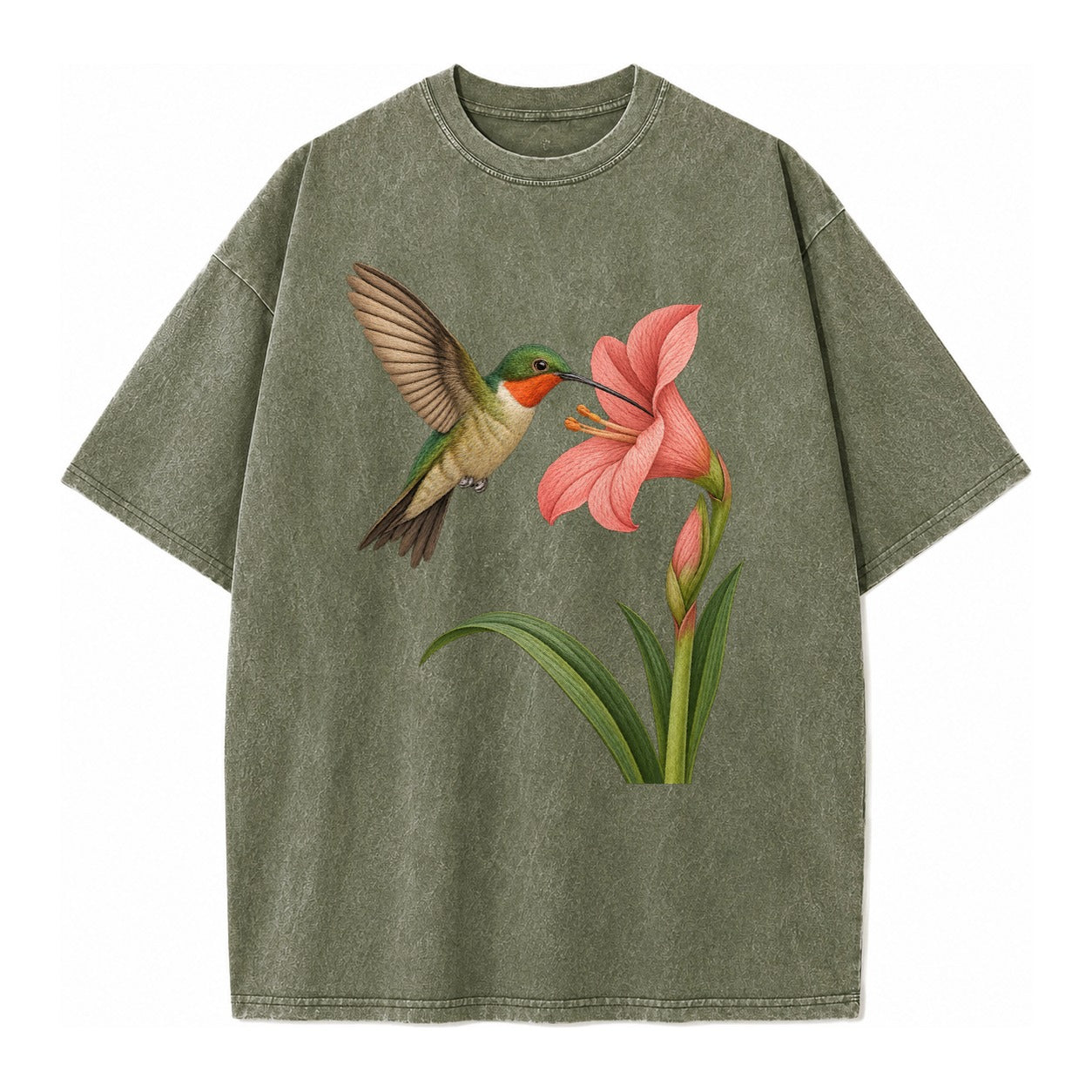 Hummingbird Haven Vintage T-shirt – Army Green