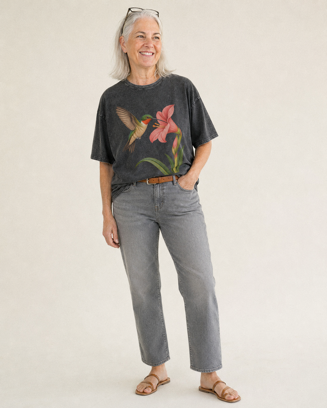 Hummingbird Haven Vintage T-shirt – studio model photo