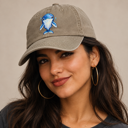Humpback Whale Front Float Sea Sprite Classic Cap — studio model wearing the hat