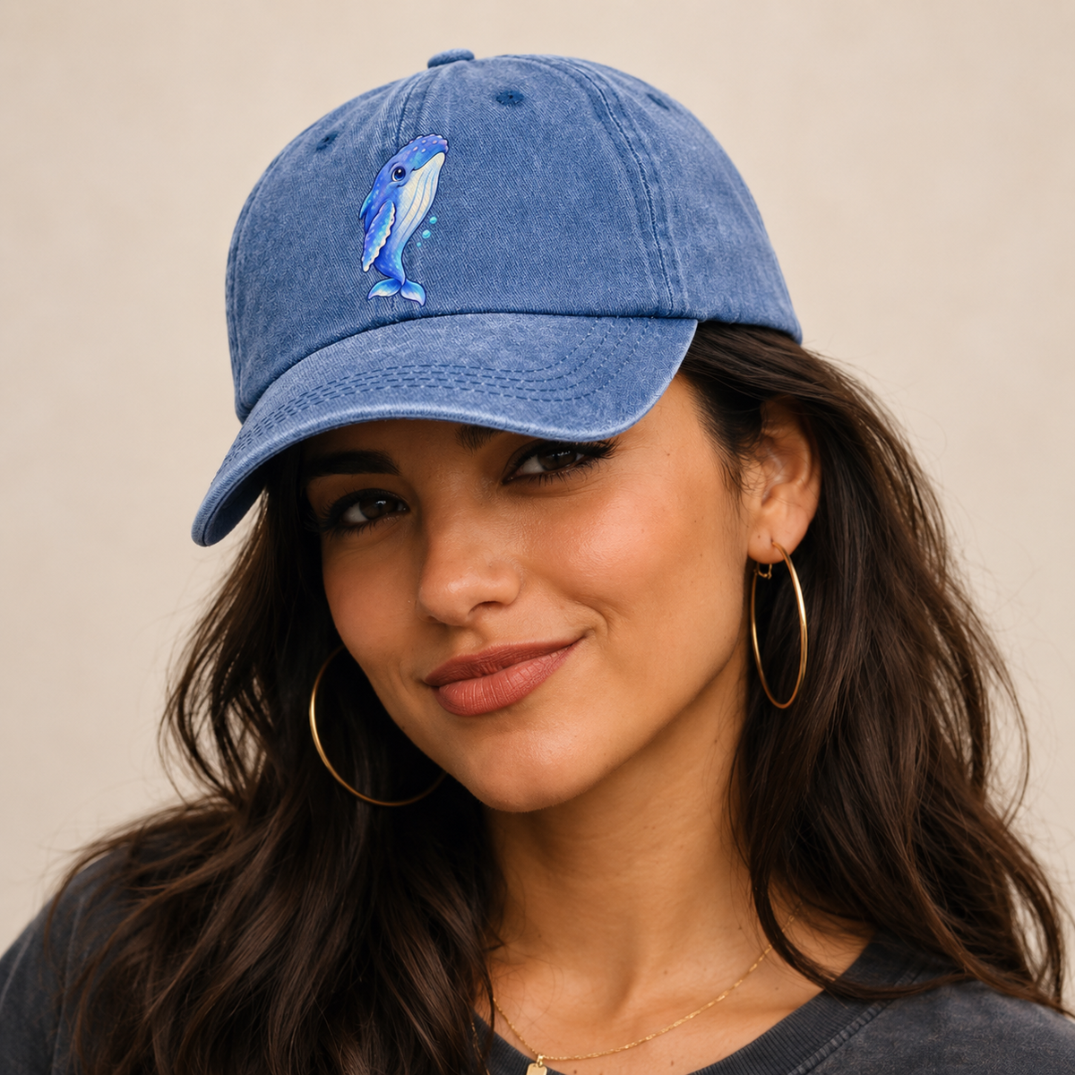 Humpback Whale Gentle Rise Sea Sprite Classic Cap — studio model wearing the hat