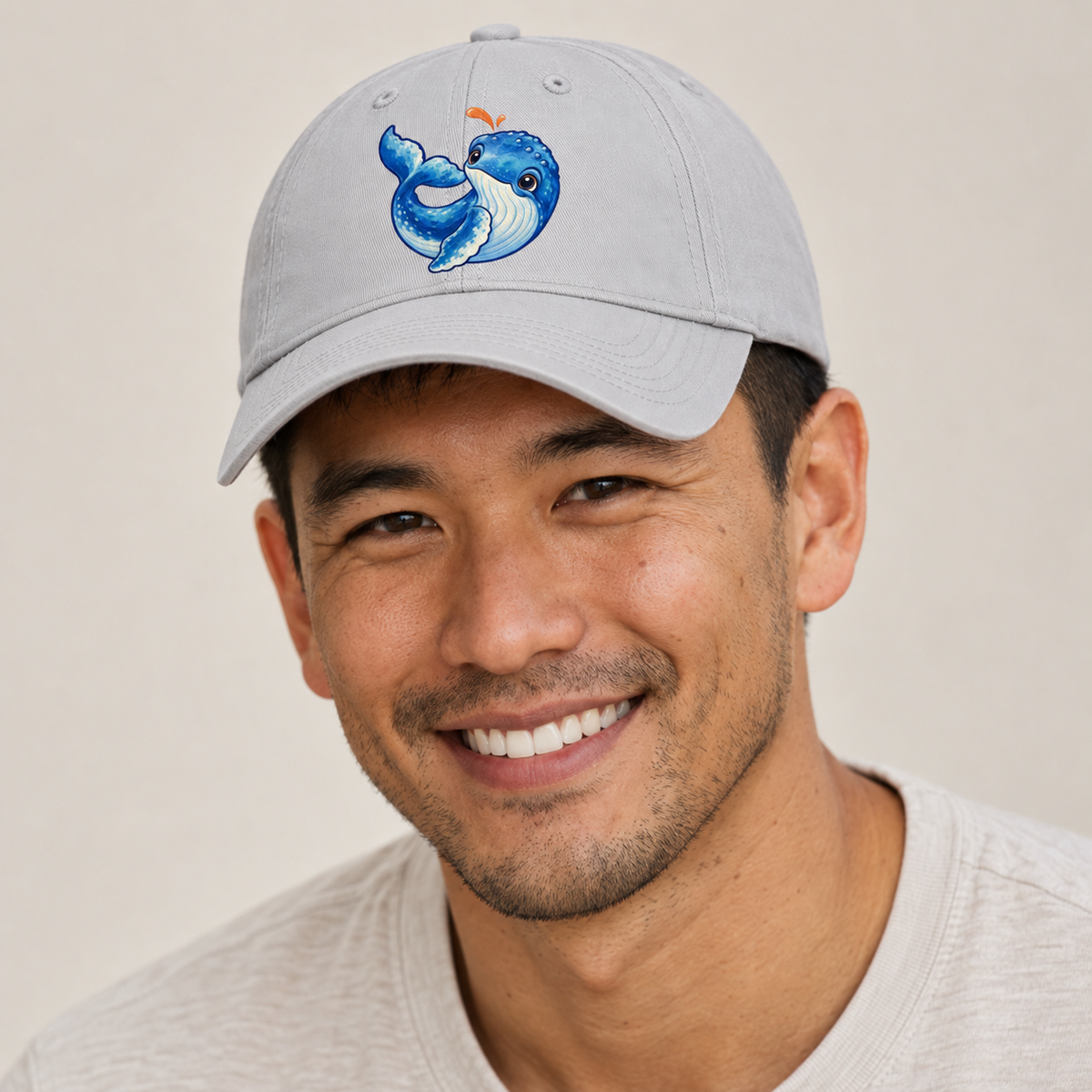 Humpback Whale Tail Curl Sea Sprite Baseball Cap — studio model wearing the hat