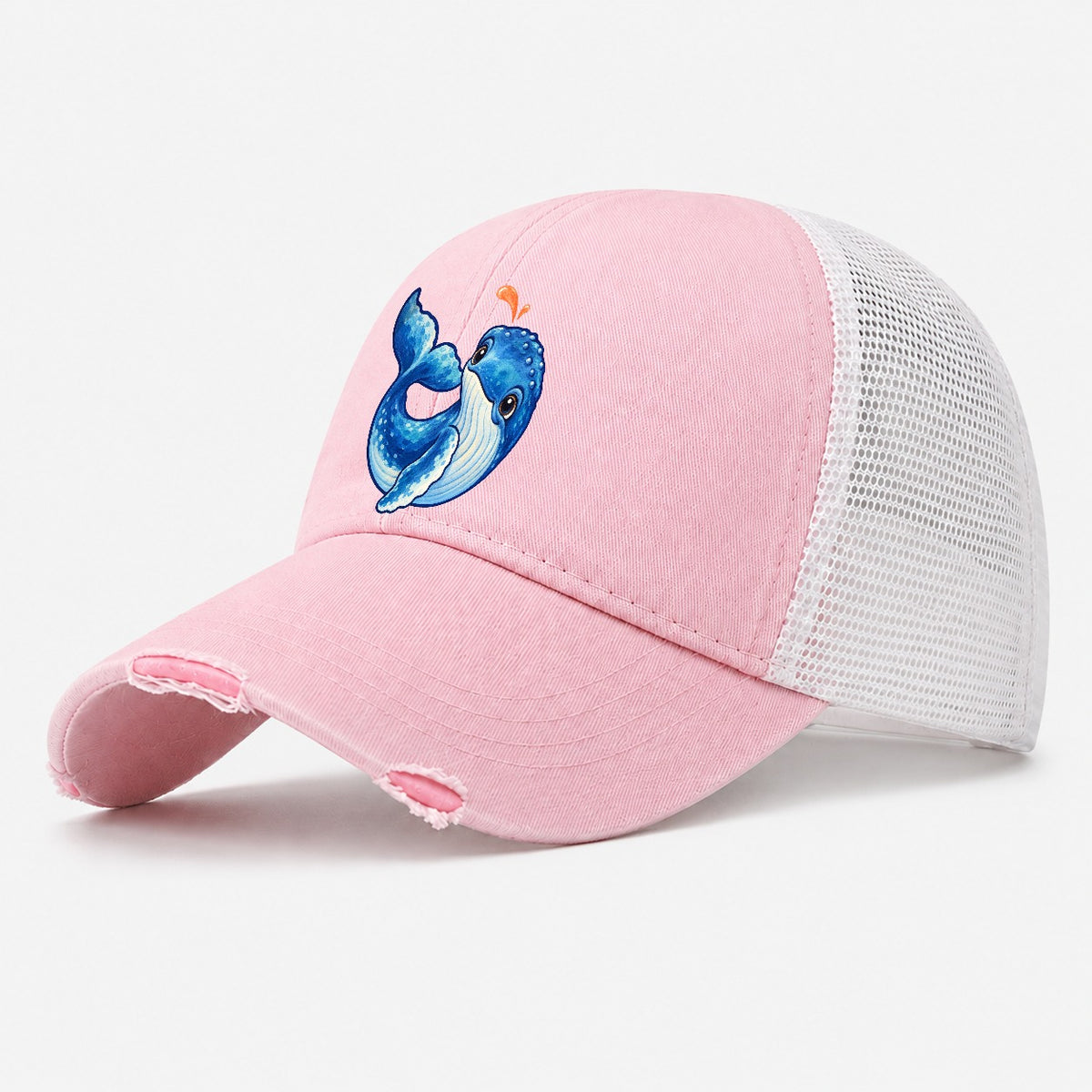 Humpback Whale Tail Curl Sea Sprite Washed Trucker Hat – Light Pink