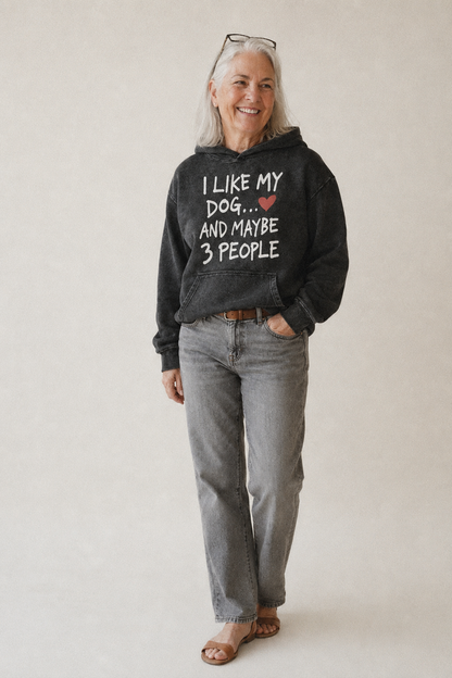 I Like My Dog And Maybe 3 People Vintage Washed Hoodie – studio model photo