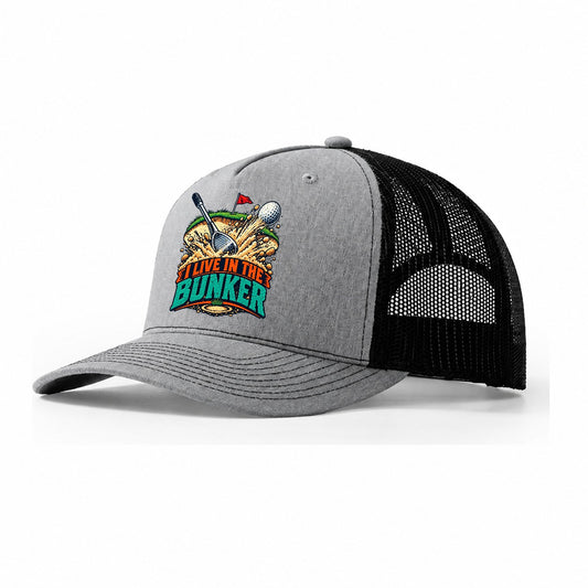 I Live In The Bunker Golf Life Trucker Hat – Sport Grey Black