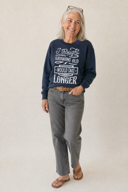 I Thought Growing Old Would Take Longer Fleece Sweatshirt – studio model photo