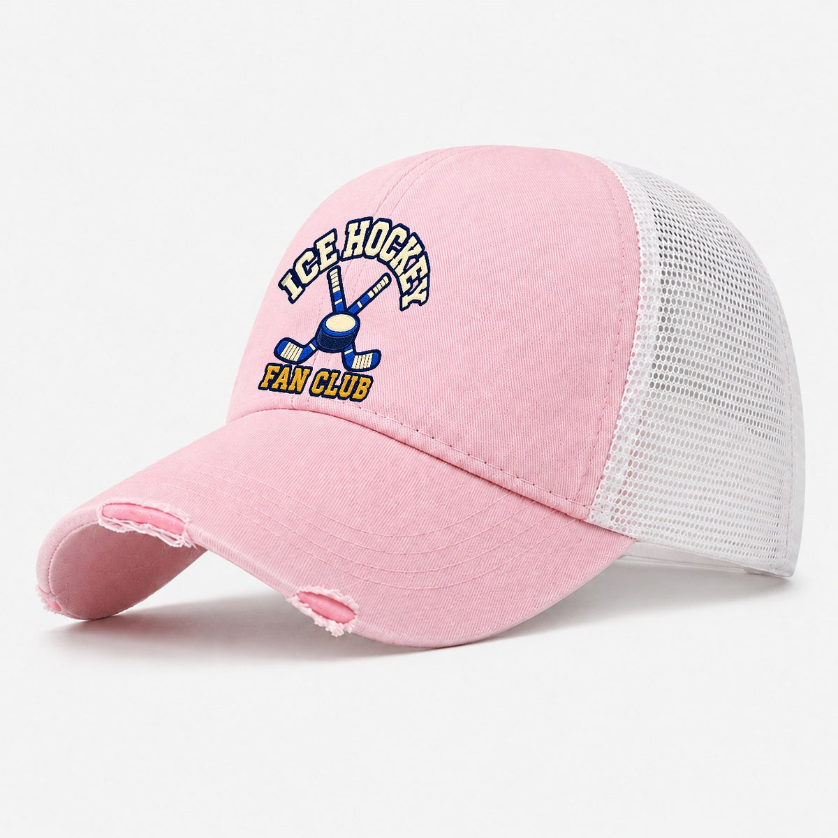 Ice Hockey Fan Club Washed Trucker Hat – Light Pink