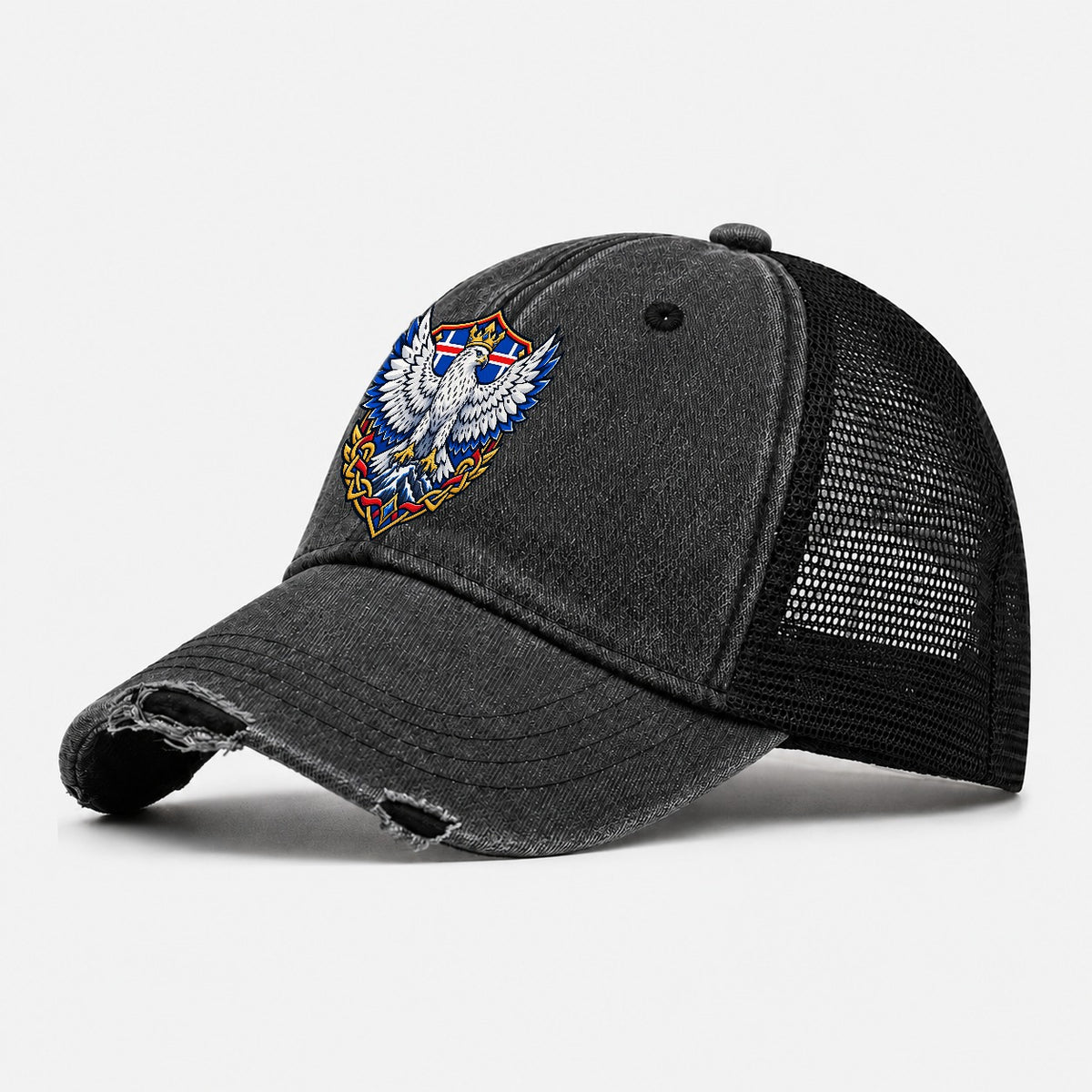 Iceland Heraldic Crest Country Logos Washed Trucker Hat – Black