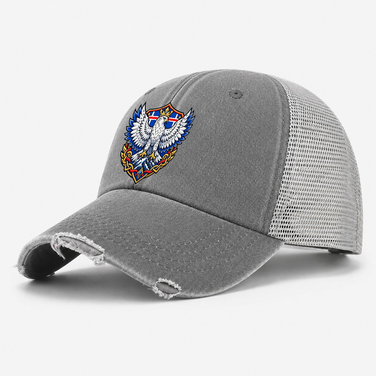 Iceland Heraldic Crest Country Logos Washed Trucker Hat – Grey