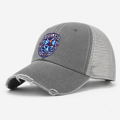Iceland Retro Badge Country Logos Washed Trucker Hat – Grey