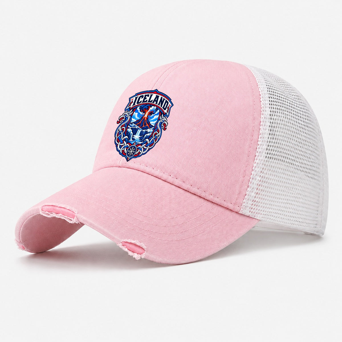 Iceland Retro Badge Country Logos Washed Trucker Hat – Light Pink
