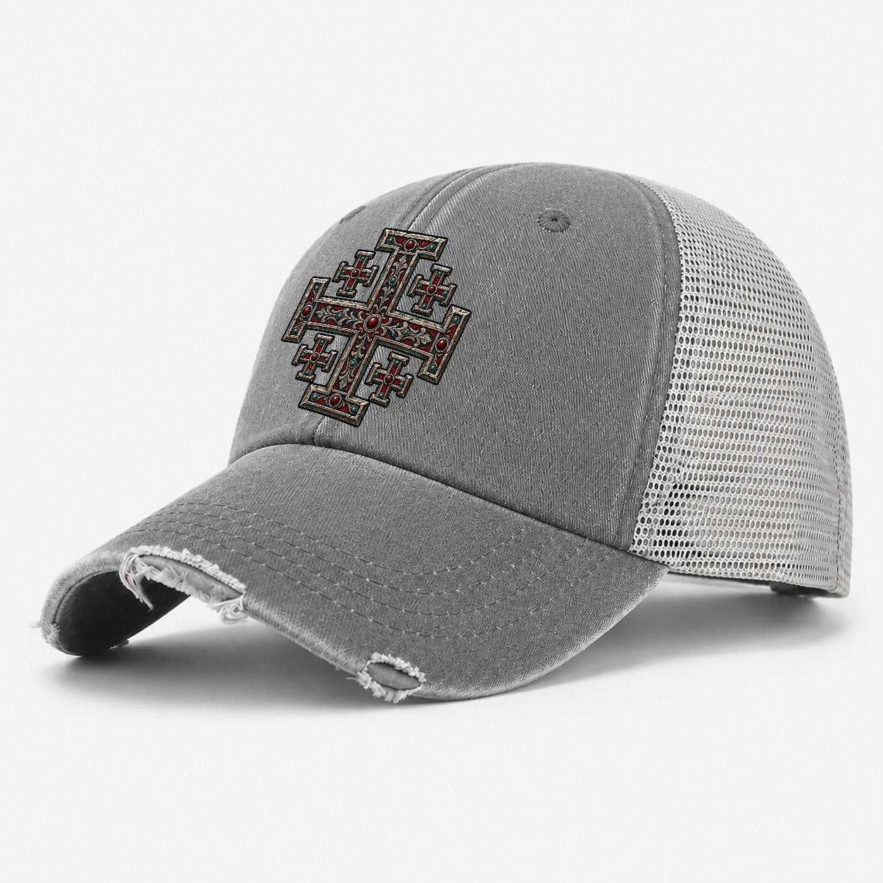Engraved Silver Reliquary Panel Jerusalem Cross Washed Trucker Hat – Grey