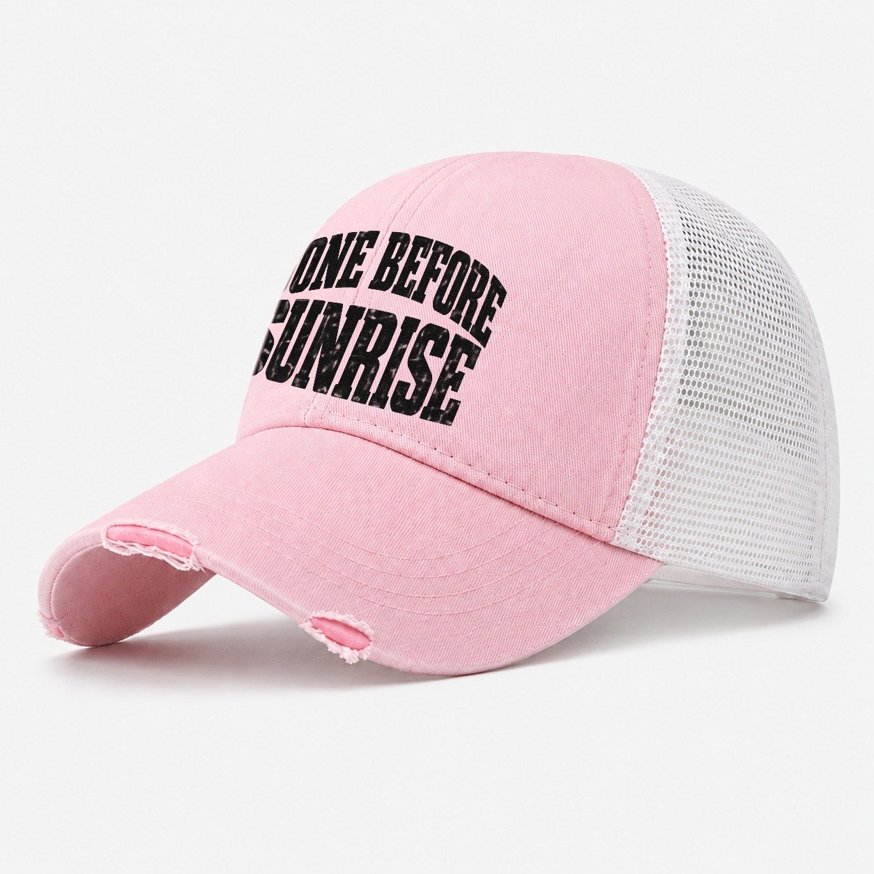 Gone Before Sunrise Fishing Club Washed Trucker Hat – Light Pink