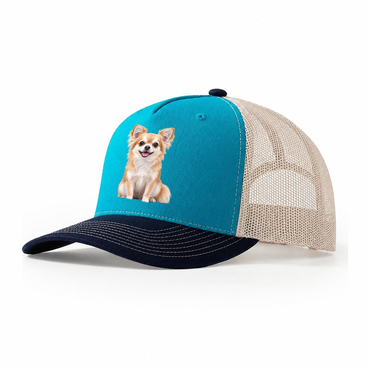 Chihuahua Sitting Top Breeds Trucker Hat – Teal Navy
