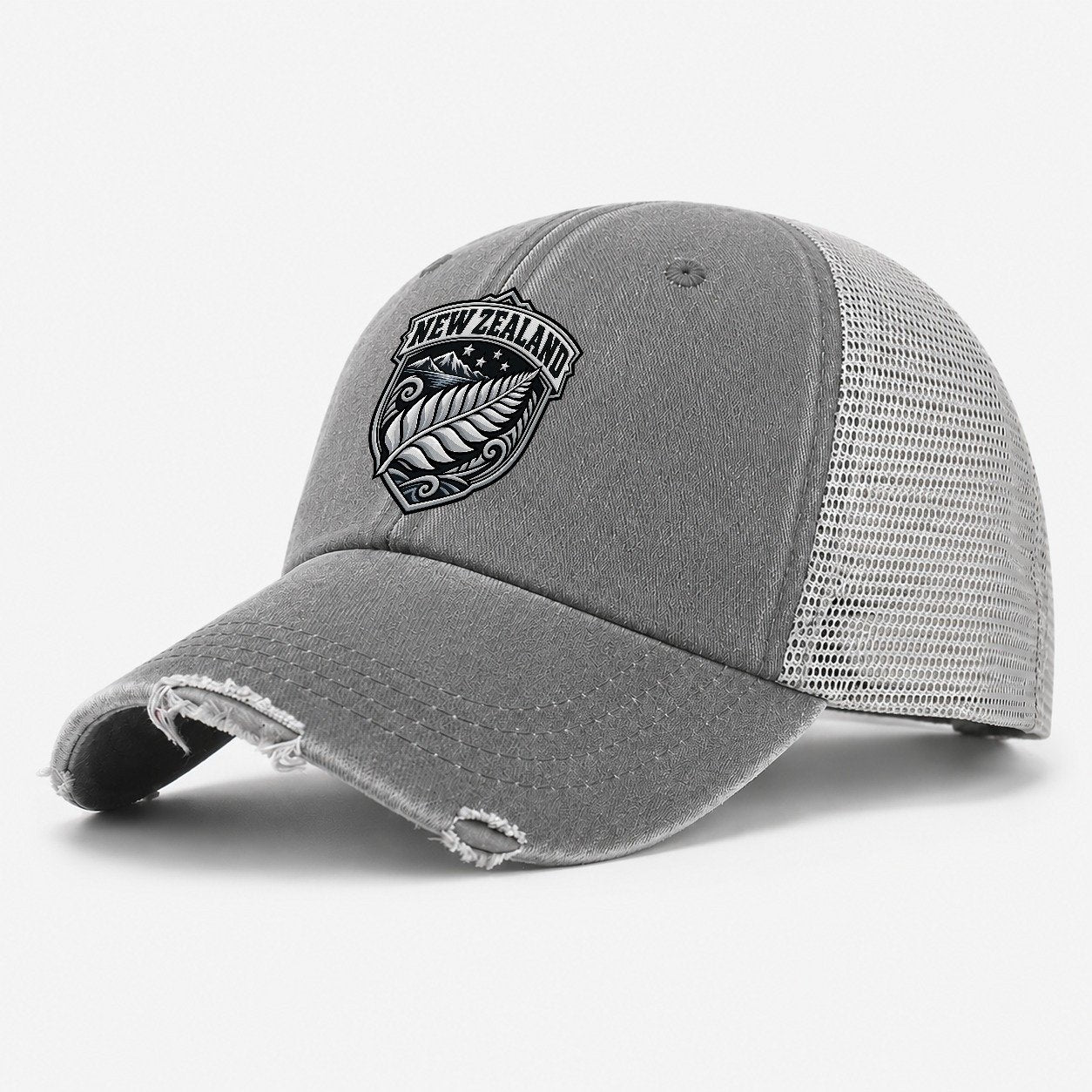 New Zealand Retro Badge Country Logos Washed Trucker Hat – Grey
