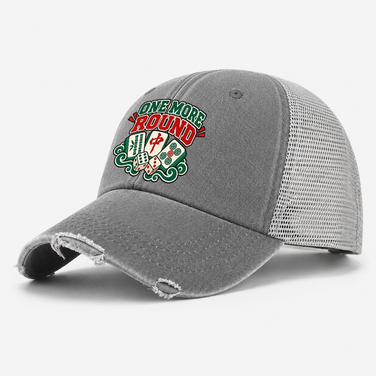 One More Round Mahjong Game Night Washed Trucker Hat – Grey