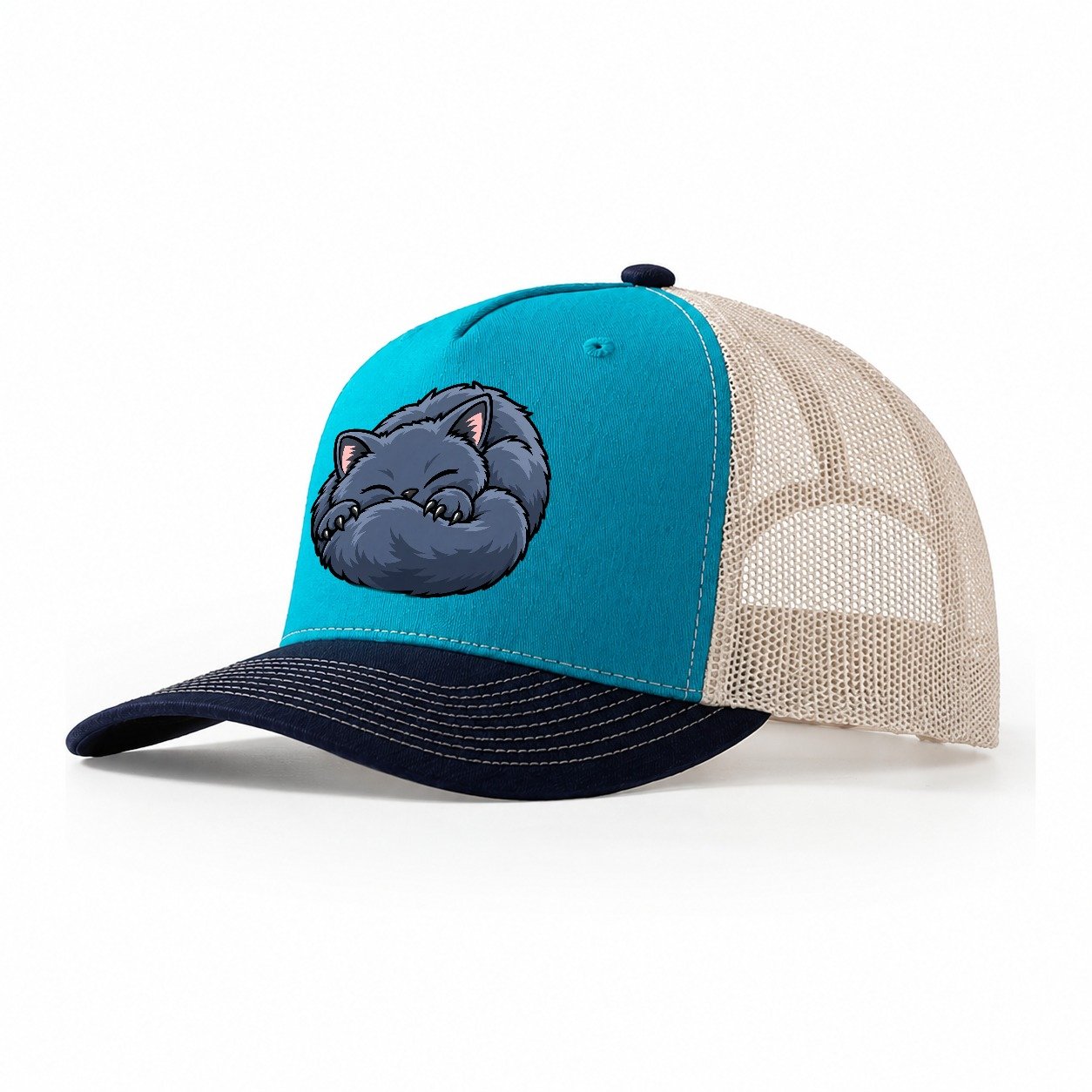 British Shorthair Sleeping Peeking Cats Trucker Hat – Teal Navy