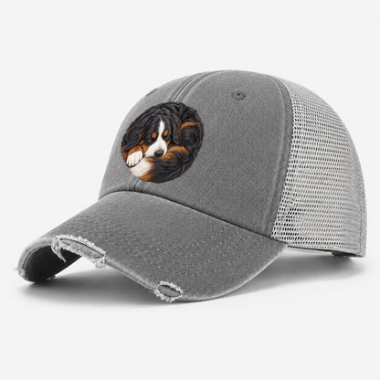 Bernese Round Hearth Nap Pastimes Companions Washed Trucker Hat – Grey