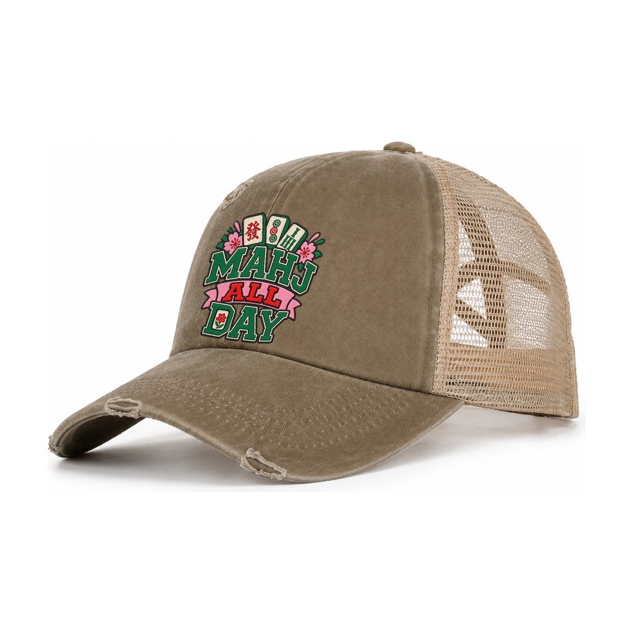 Mahj All Day Mahjong Game Night Women's Ponytail Trucker Hat – Taupe Khaki