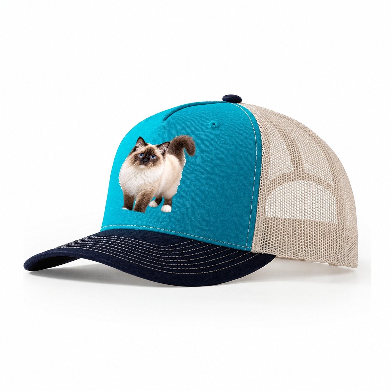 Birman Standing Three Quarter Realistic Cat Portrait Trucker Hat – Teal Navy