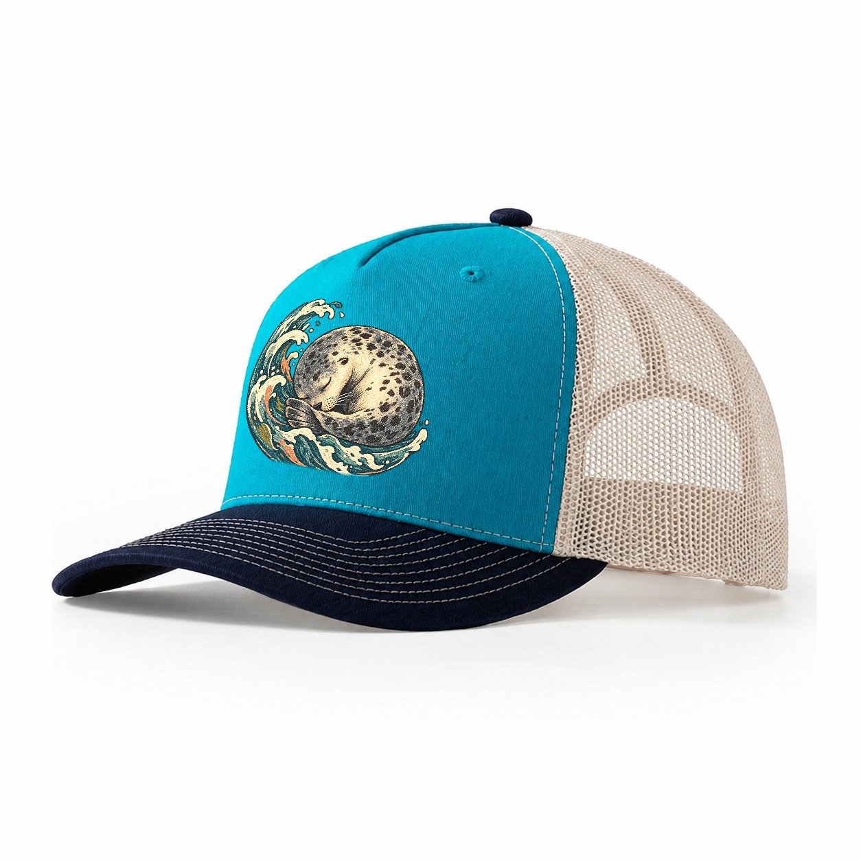 Sleeping Seal Tide Crescent Gentle Wild Trucker Hat – Teal Navy