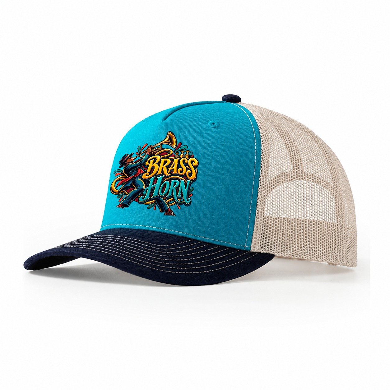 Brass Horn Wordmark Music Instruments Trucker Hat – Teal Navy