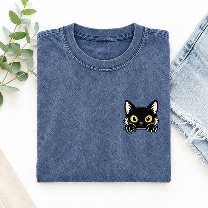 Yellow Eyed Black Cat Left Chest Vintage T-shirt – Washed Blue