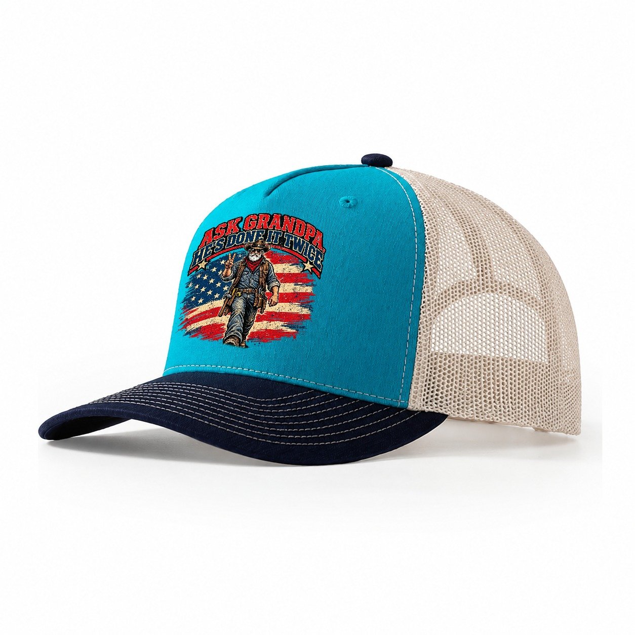 Ask Grandpa He S Done It Twice Old Man Strong Trucker Hat – Teal Navy