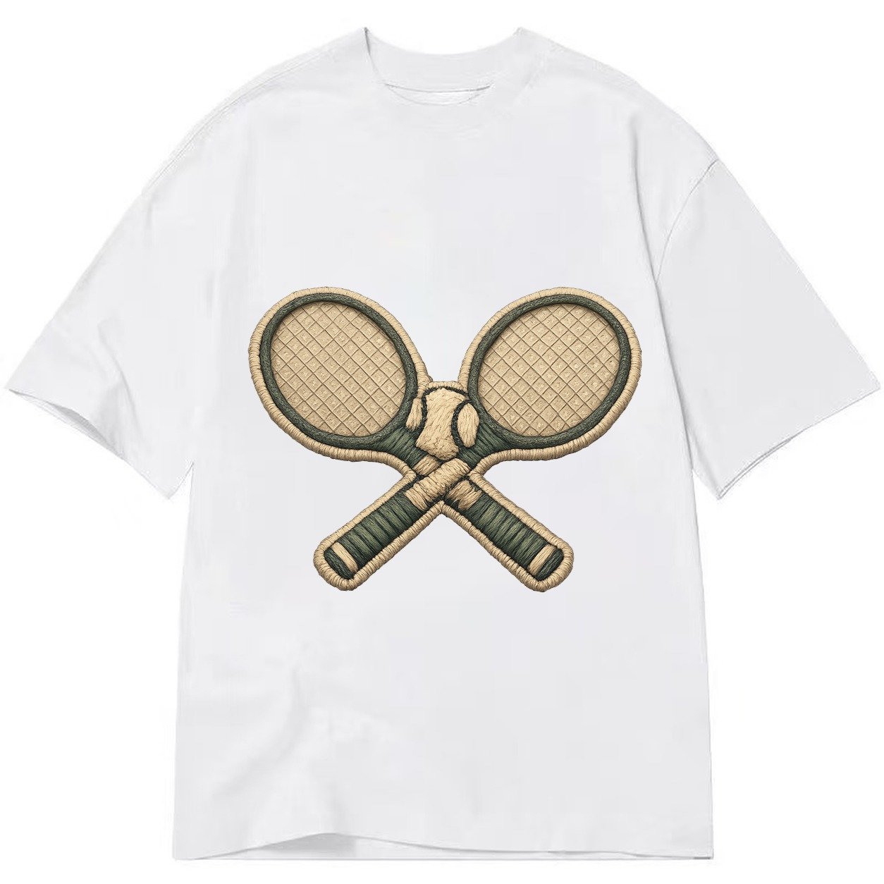 Embroidered Patch Design Tennis Racket Crossed Tennis Racket Classic T-shirt – White