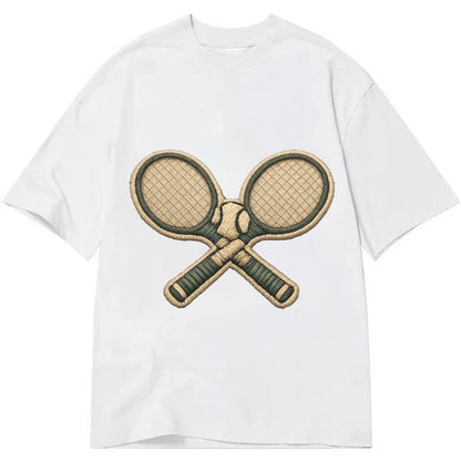 Embroidered Patch Design Tennis Racket Crossed Tennis Racket Classic T-shirt – White