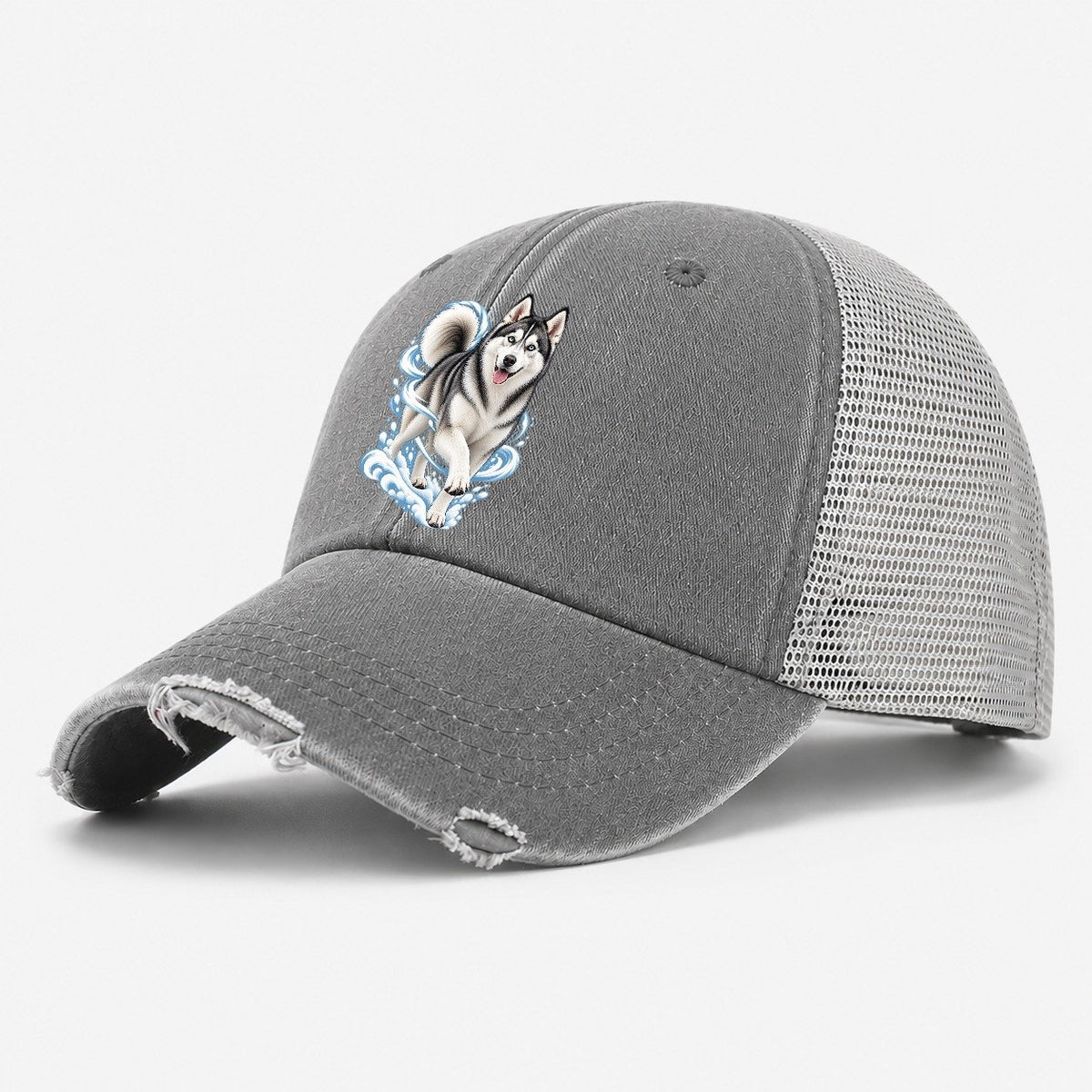 Blue-Eyed Husky Snow Swirl Washed Trucker Hat – Grey