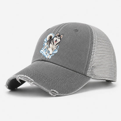 Blue-Eyed Husky Snow Swirl Washed Trucker Hat – Grey