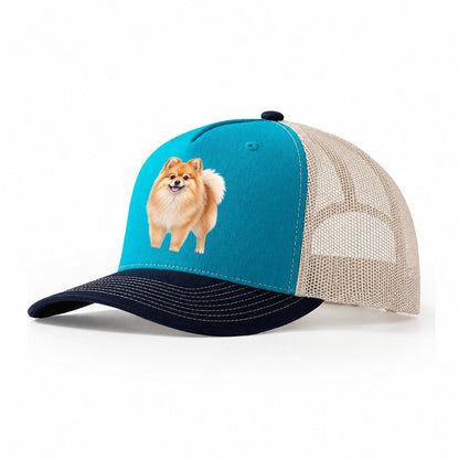 Pomeranian Standing Top Breeds Trucker Hat – Teal Navy