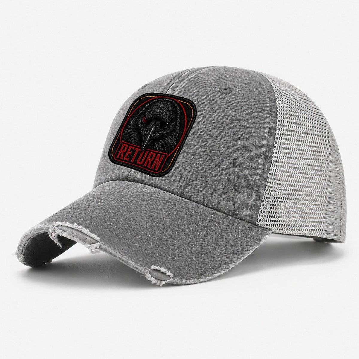 Raven Return Badge Washed Trucker Hat – Grey
